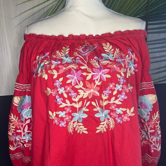 Free People Red Floral Embroidered Off The Shoulder Mini Dress XS - Picture 3 of 10